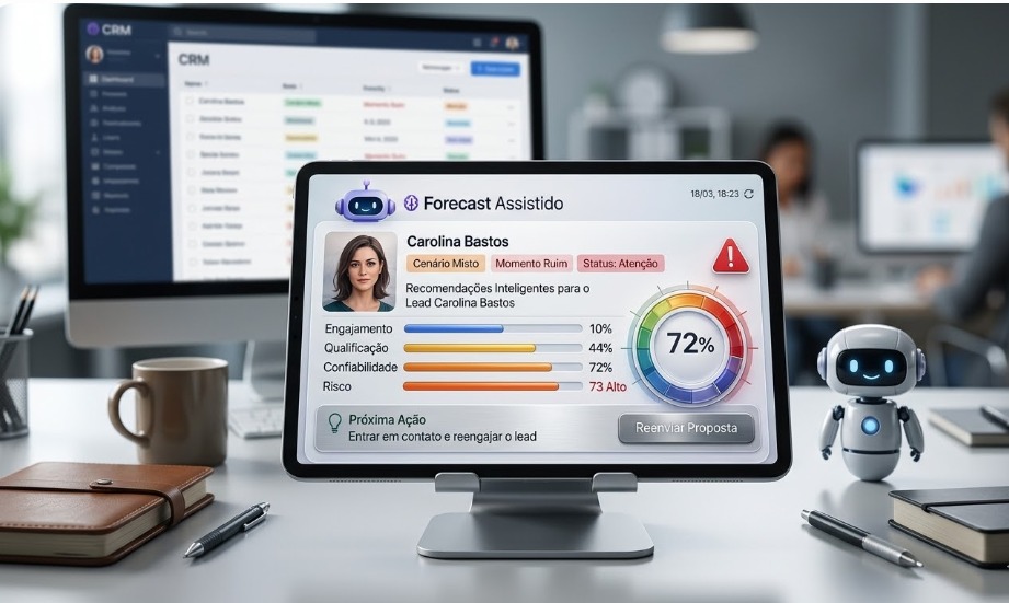Forecast Assistido — IA analisa engajamento, qualificação, risco e sugere próxima ação